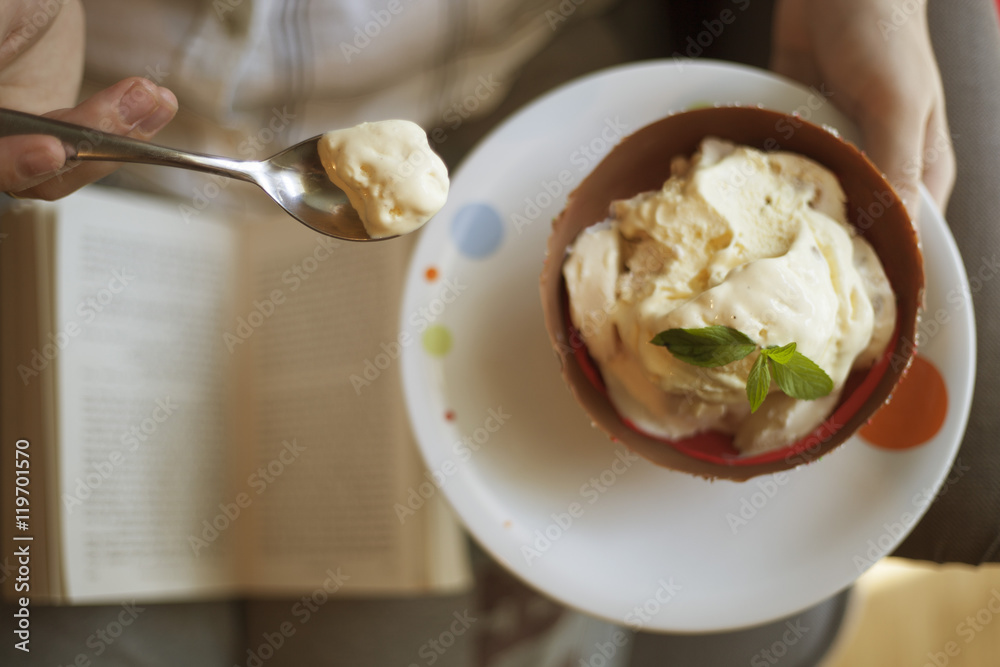 Vanilla ice cream in a bowl made of chocolate with copyspace Vanilla ice cream in a bowl made of chocolate with copyspace