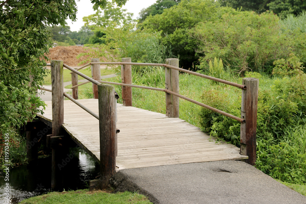 Small wooden bridge over a stream in a local park