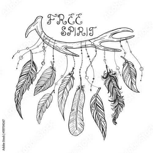 Beautiful hand drawn doodle illustration with tribal antler and feathers. American indian motifs. 