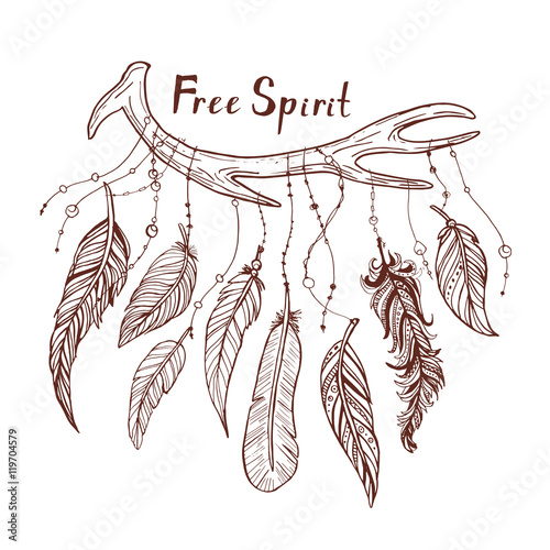 Beautiful hand drawn doodle illustration with tribal arrows and feathers. American indian motifs. 