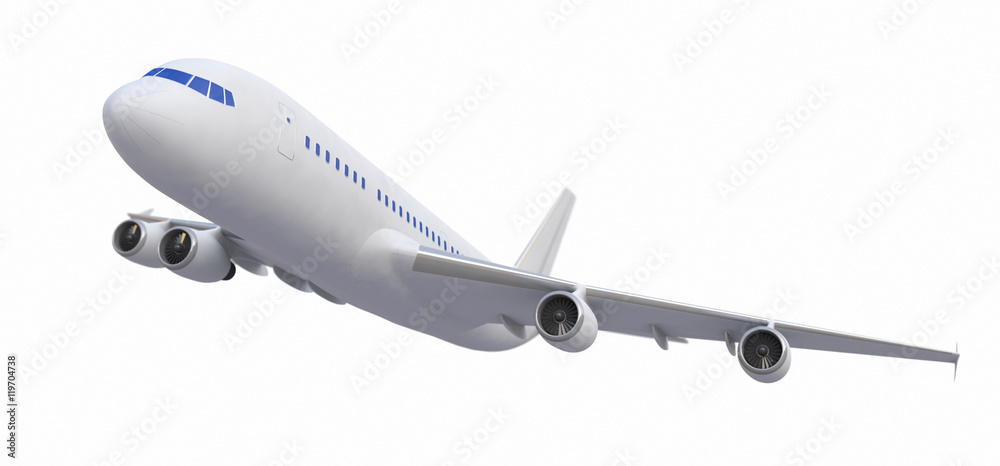 White Four-engine Airplane, White Aeroplane Isolated On White Background, Plane - 3d Model, Plane Concept - 3d Rendering White Four-engine Airplane, White Aeroplane Isolated On White Background, Plane - 3d Model, Plane Concept - 3d Rendering