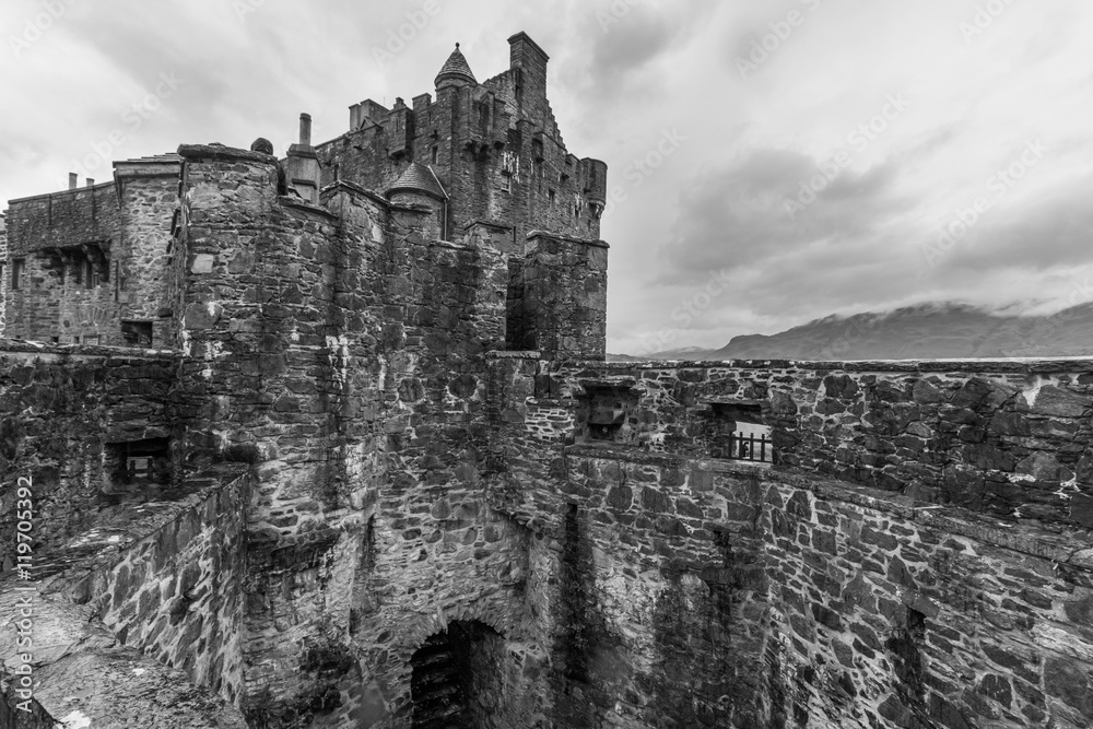 Eilean Donan Castle, Innenansicht, Highlands, Schottland, schwarz weiß