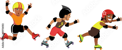 Three little boys cartoon characters roller skating, isolated on white, EPS 8 vector illustration, no transparencies