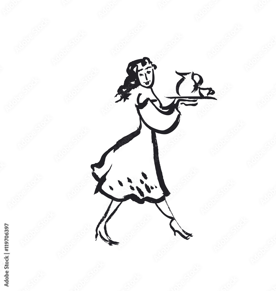 french waitress sketch vector illustration . girl with dish and french waitress sketch vector illustration . girl with dish and