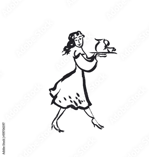 french waitress sketch vector illustration . girl with dish and