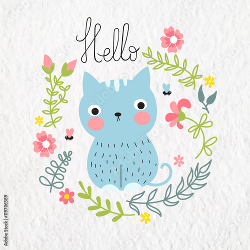 Cute blue cat with floral frame.