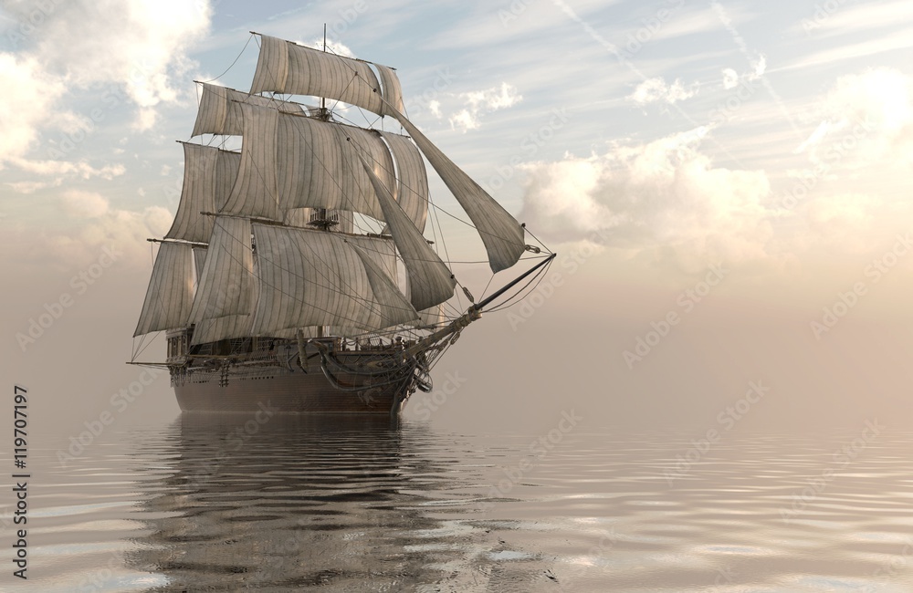 Fototapeta premium Ilustracja 3D Sailboat On The Sea