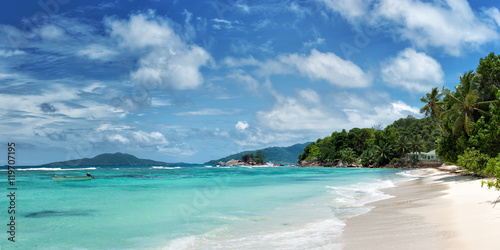 panoramic view of tropical beauch anse la blague on praslin island seychelles