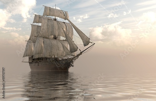 Fotografie, Obraz 3D Illustration Sailboat On The Sea