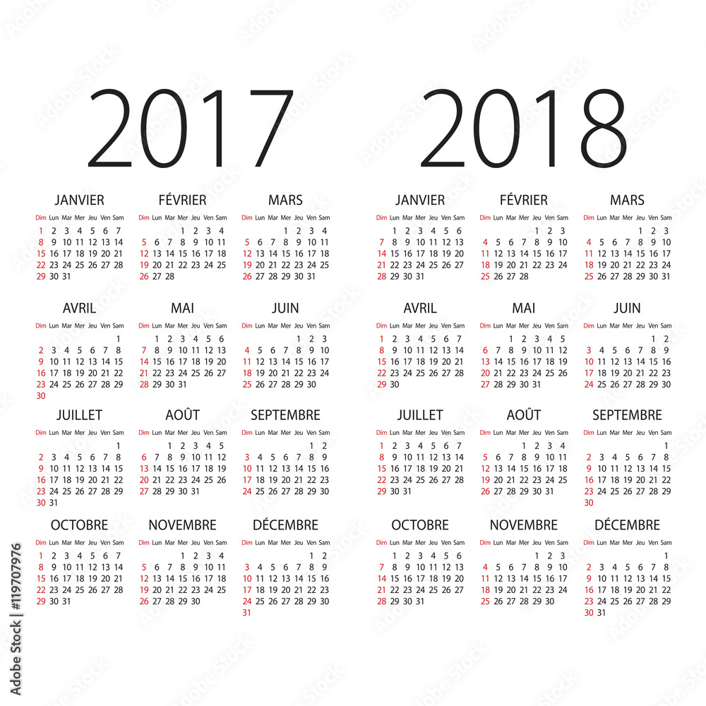 2017 and 2018 years french language vector calendar. 2017 and 2018 years french language vector calendar.