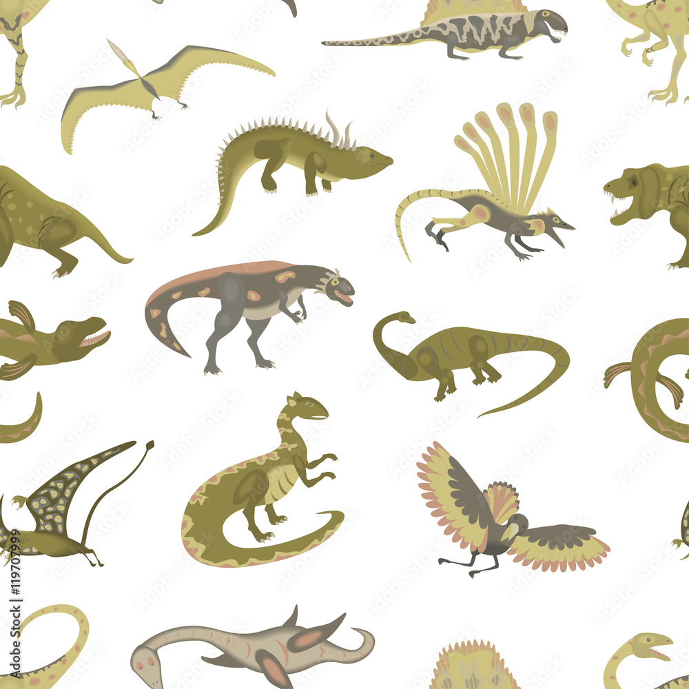 Seamless pattern of Jurassic reptile. Dinosaur vector illustration in modern flat design. Dino Isolated on white background. eps10 Seamless pattern of Jurassic reptile. Dinosaur vector illustration in modern flat design. Dino Isolated on white background. eps10