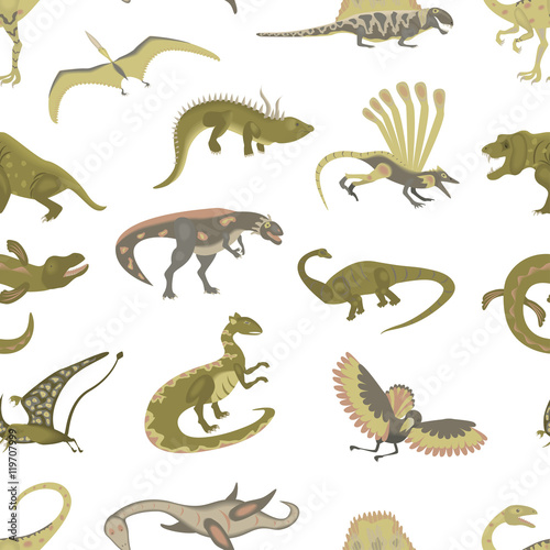 Seamless pattern of Jurassic reptile. Dinosaur vector illustration in modern flat design. Dino Isolated on white background. eps10