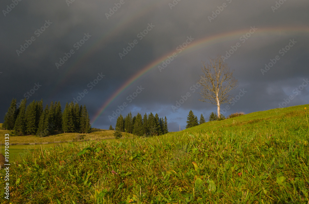 Rainbow in the mountain valley after rain. Beautiful landscape. Rainbow in the mountain valley after rain. Beautiful landscape.
