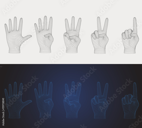 3D vector wireframe counting hand pose set in various style