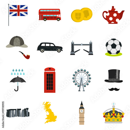 Great Britain icons set in flat style. London set collection vector illustration