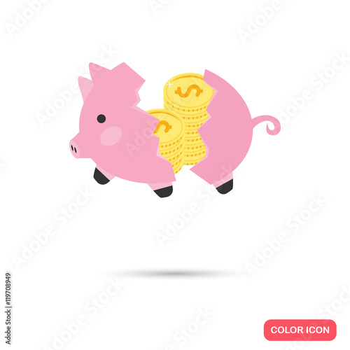 Broken piggy bank with money color flat icon