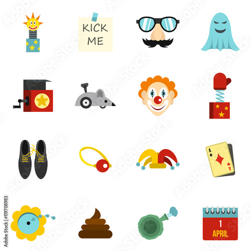 April fools day icons set in flat style. Prank playful actions set collection vector illustration
