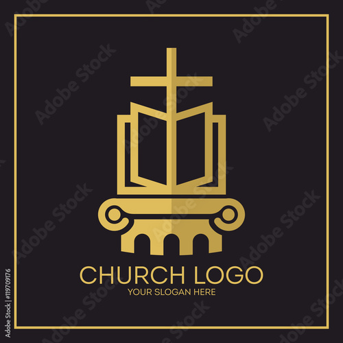 Church logo. Christian symbols. Holy bible and Jesus cross.