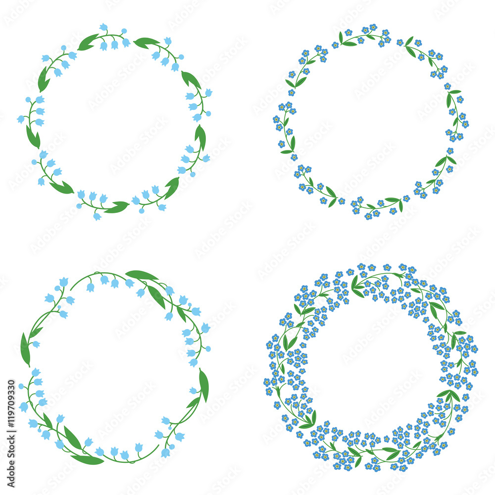 Set of four beautiful round frames made of lilies of the valley and forget-me-not flowers Set of four beautiful round frames made of lilies of the valley and forget-me-not flowers