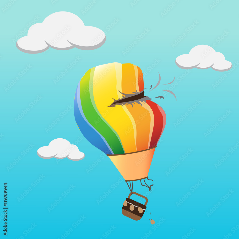 Obraz premium Colourful hot air balloon crash hole in the sky. vector illustration. with broken collide hole and fall air balloon