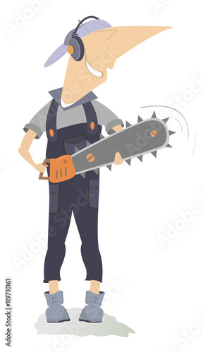 Smiling worker holding a chainsaw