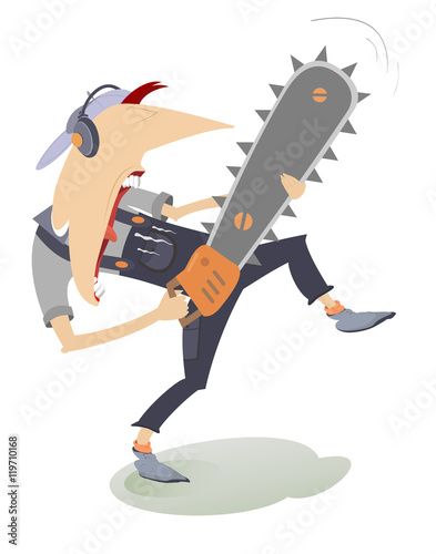 Funny angry worker in protection headphones with chainsaw