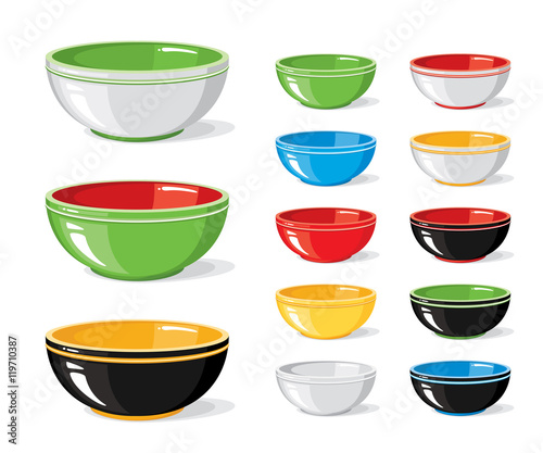 Different colourful empty bowls isolated on a white background