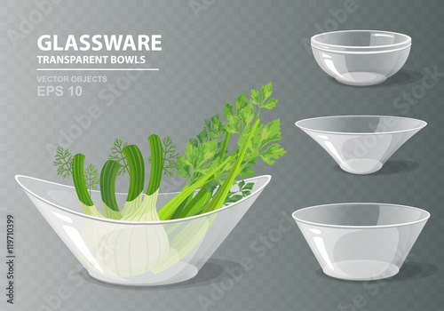 Four transparent glass bowls with celery and fennel