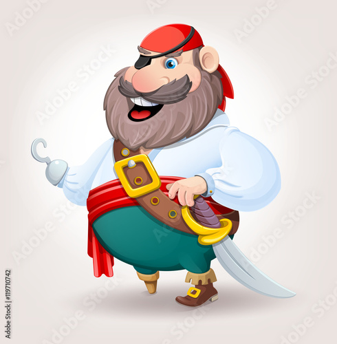 Old pirate with wooden foot and hook. Vector illustration.