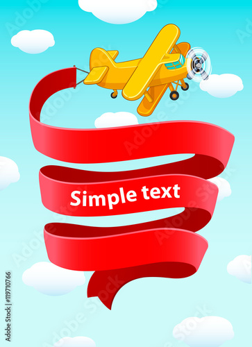 The plane flies in the blue sky with clouds. Fluttering red ribbon. Cartoon vector illustration. Poster.