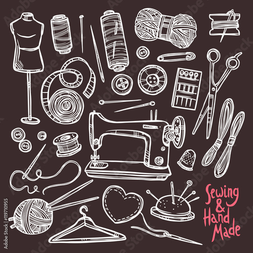 Accessories And Equipment For Sewing. Sketch Hand Drawn Set On Chalkboard