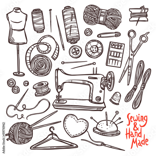 Accessories And Equipment For Sewing. Sketch Hand Drawn Set