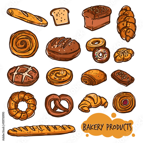 Bakery Products. Bread Color Set In Sketch Style 