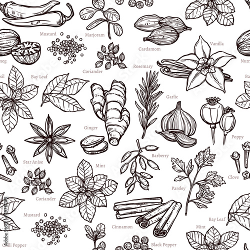 Herbs And Spice Sketch Seamless Monochrome Pattern