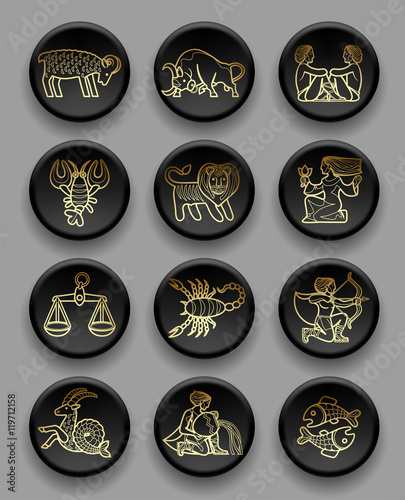 Set of black round icons with gold linear zodiacal signs