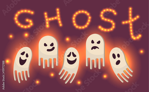 Vector halloween illustration with ghosts. Yellow sparkles. Shining text. Ghost party.