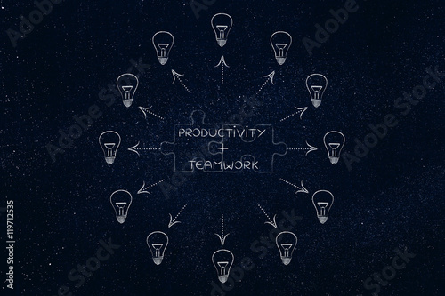 productivity & teamwork, matching puzzle & lightbulbs around