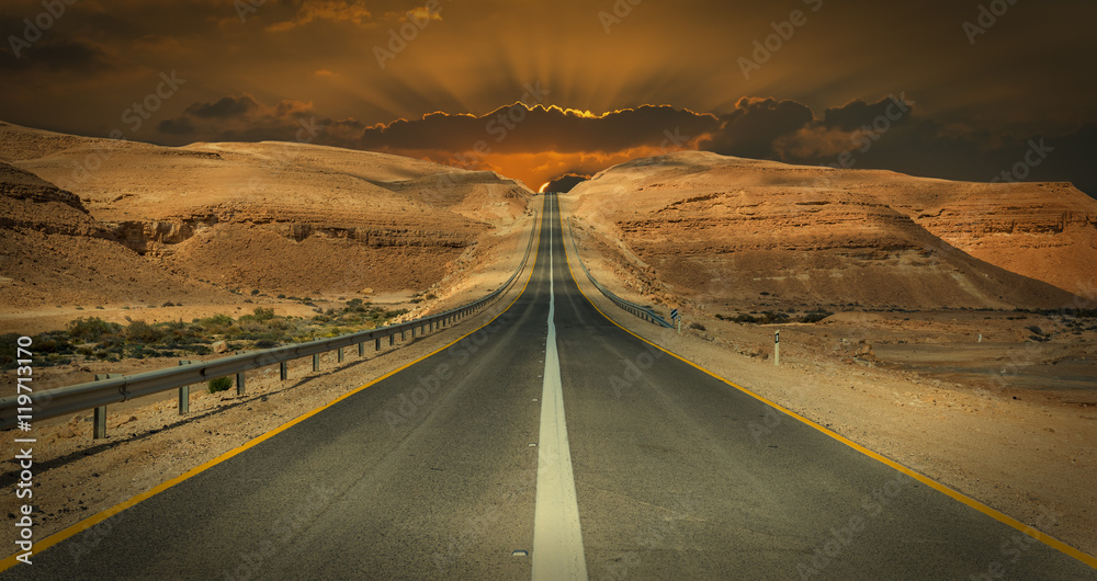 Road in desert of the Negev, Israel. Desert of the Negev is the biggest one in Israel
 - obrazy, fototapety, plakaty 