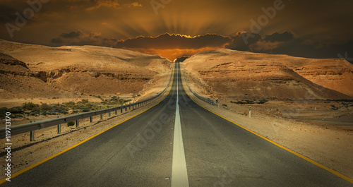 Road in desert of the Negev, Israel. Desert of the Negev is the biggest one in Israel 