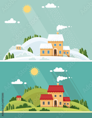 summer and winter landscape. beautiful house on the hill among t