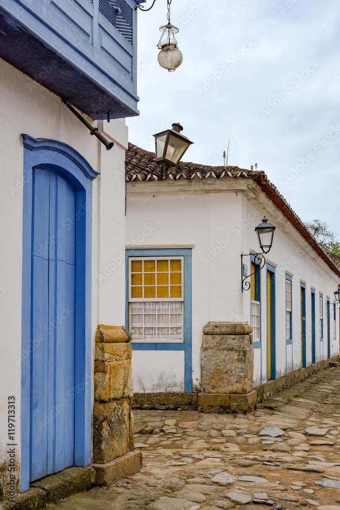 Street with buildings in the old colonial town of Paraty in Rio de Janeiro