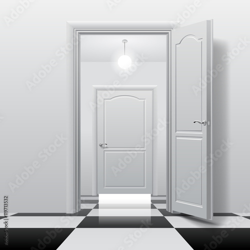 Rooms with opened and closed doors on the glossy chess floor