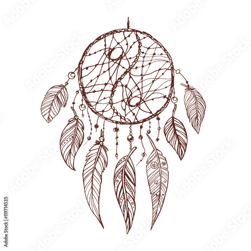 Hand-drawn doodle ink dream catcher with feathers. Ethnic illustration, tribal