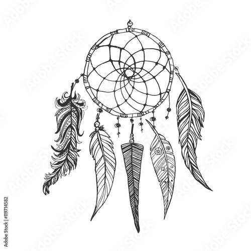 Hand-drawn doodle ink dream catcher with feathers. Ethnic illustration, tribal