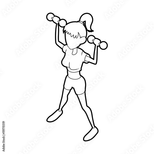 Girl with dumbbells sport training icon in outline style isolated on white background