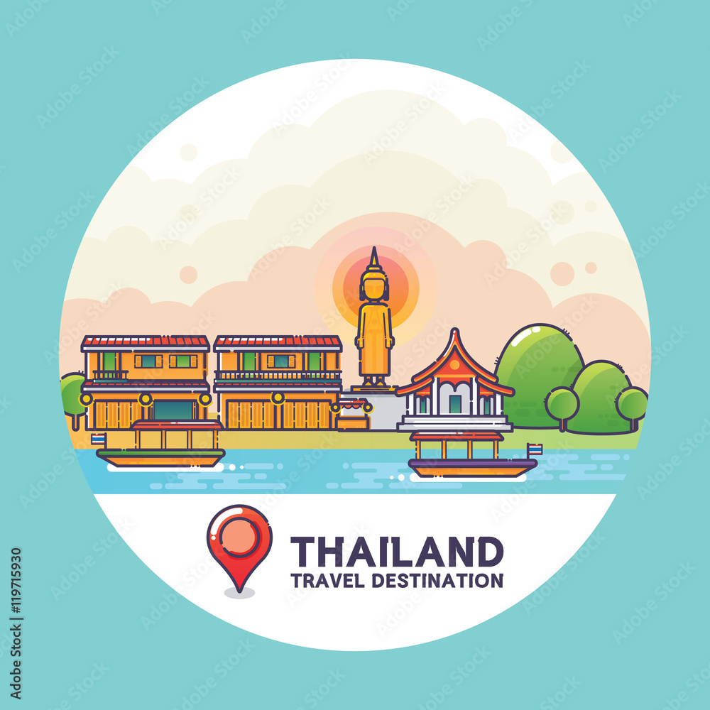 Vector Illustration of Thailand Travel Destination Colorful Detailed Skyline for Poster, Icon, Banner,Postcard. Trendy Linear Style