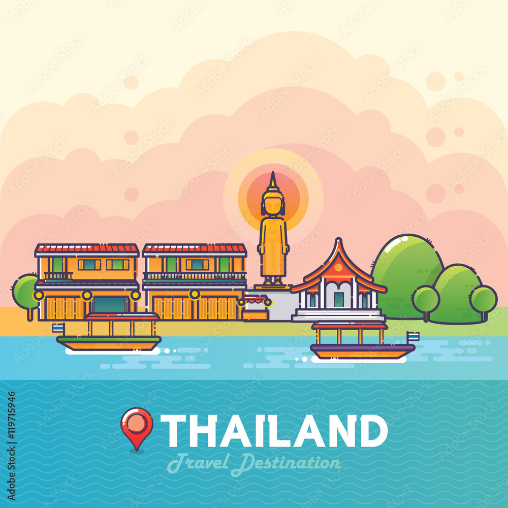 Naklejka premium Vector Illustration of Thailand Travel Destination Colorful Detailed Skyline for Poster, Icon, Banner,Postcard. Trendy Linear Style