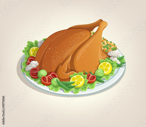 Thanksgiving, turkey dish, menu, delicious. Illustration, White background