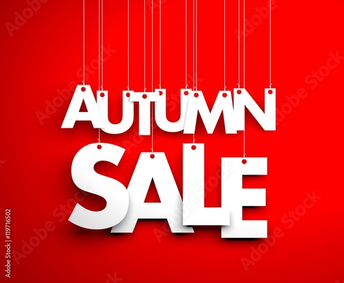 Autumn sale - text hanging on the strings. 3d illustration
