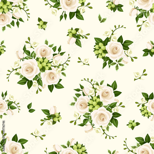 Vector seamless pattern with white roses and freesia flowers and green leaves.